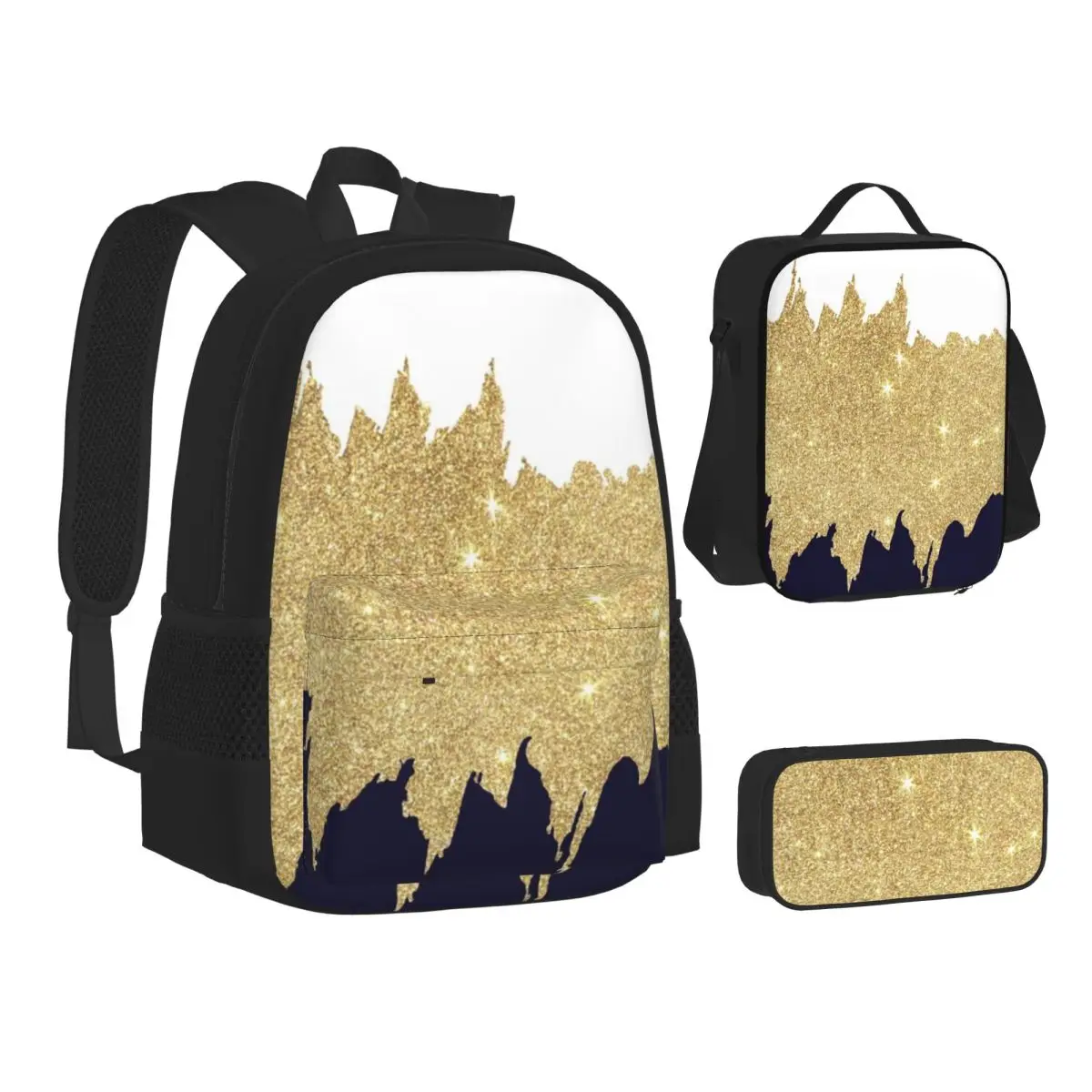 Black And Gold Glitter Pattern Backpacks Boys Girls Bookbag School Bags Children Rucksack Lunch Bag Pen Bag Three-Piece Set
Black And Gold Glitter Pattern Backpacks Boys Girls Bookbag School Bags Children Rucksack Lunch Bag Pen Bag Three-Piece Set
