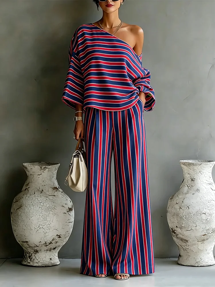 Women's Color Block Stripe Print 2-piece Set One Shoulder Top Wide Leg Pants Set Fashion Street Elegant Casual Loose Fit Outfit
Women's Color Block Stripe Print 2-piece Set One Shoulder Top Wide Leg Pants Set Fashion Street Elegant Casual Loose Fit Outfit