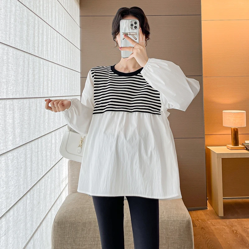 Autumn Long Loose Pregnant Woman Shirts Plus Size Long Sleeve O-neck Black White Striped Patchwork Maternity Cotton Blouses
Autumn Long Loose Pregnant Woman Shirts Plus Size Long Sleeve O-neck Black White Striped Patchwork Maternity Cotton Blouses