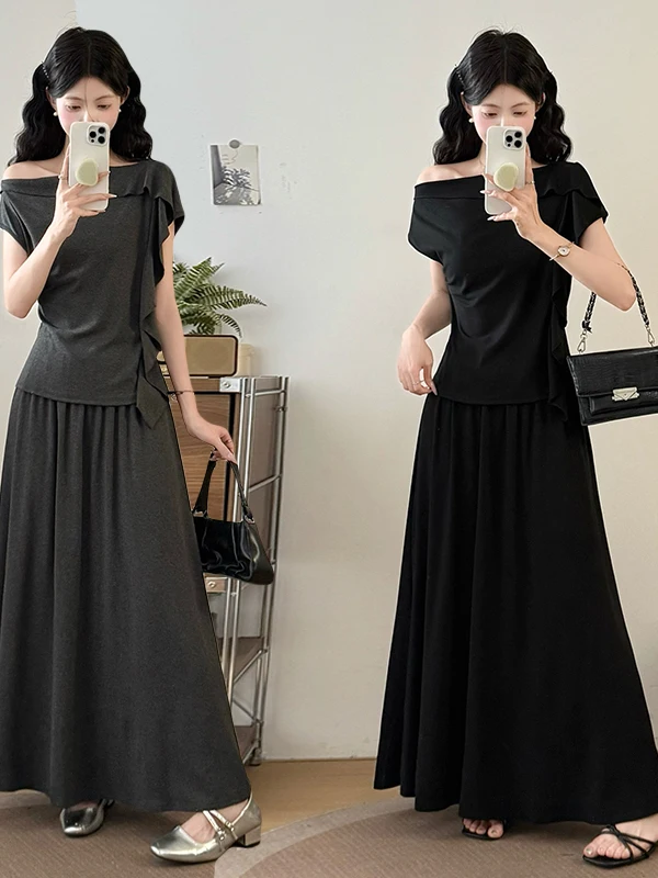 Slimming Effect Half-Skirt Shoulder-Baring Short-Sleeve Asymmetrical Collar Ruffle Hem Two-Piece Set for plus Size Women
Slimming Effect Half-Skirt Shoulder-Baring Short-Sleeve Asymmetrical Collar Ruffle Hem Two-Piece Set for plus Size Women