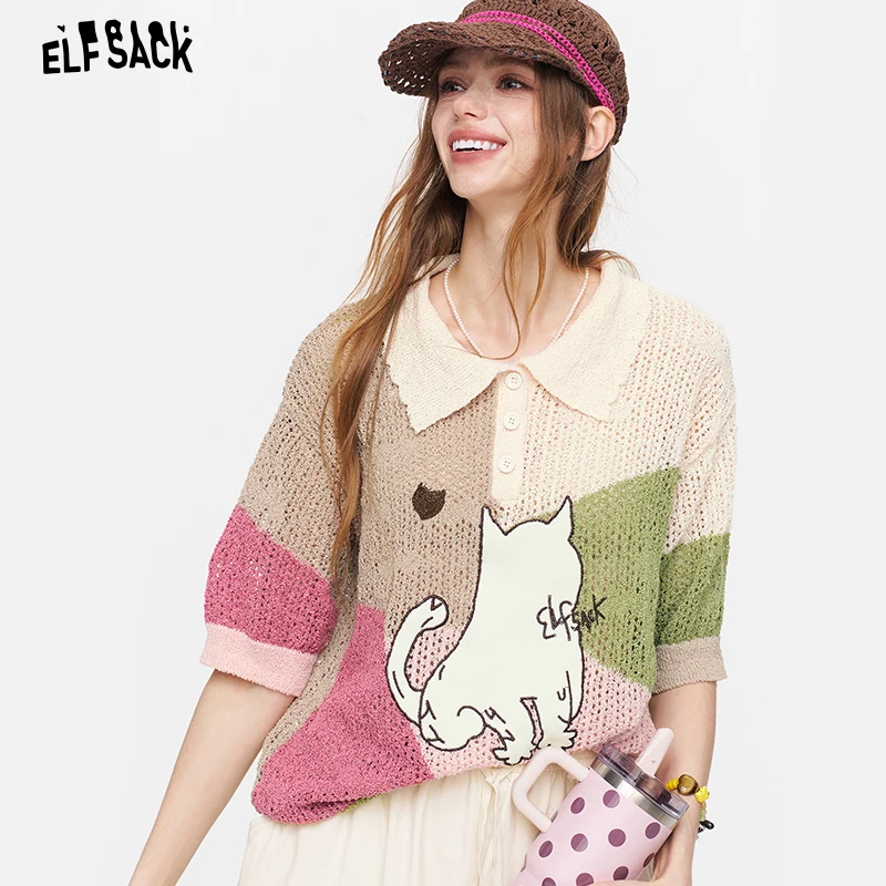 ELFSACK Cat Print Patchwork Knit Polo Shirt, Color Block Short Sleeve Hollow Out Knit Top, Cute Casual Summer Blouse
ELFSACK Cat Print Patchwork Knit Polo Shirt, Color Block Short Sleeve Hollow Out Knit Top, Cute Casual Summer Blouse