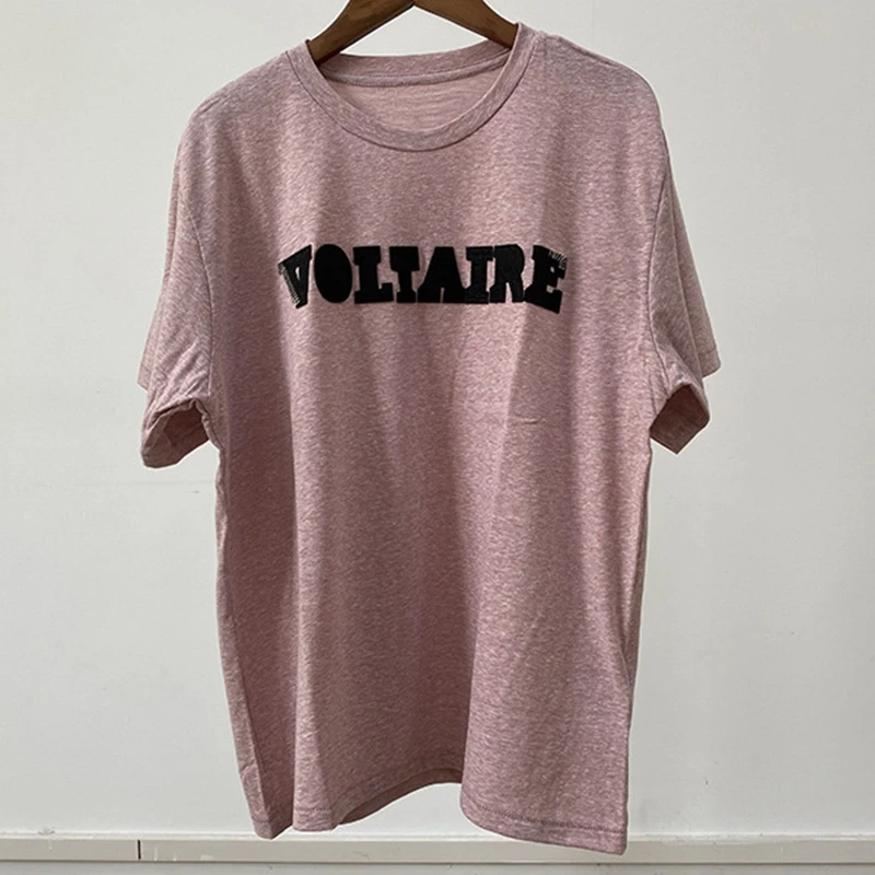 Women's Summer 2025 New T-shirt with letter flocking print on the chest pink round neck short sleeved sweatshirt
Women's Summer 2025 New T-shirt with letter flocking print on the chest pink round neck short sleeved sweatshirt