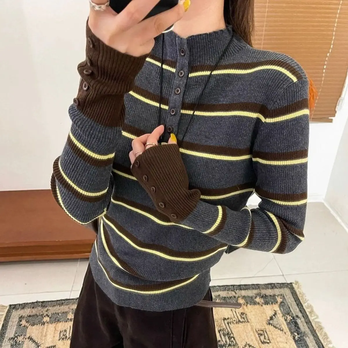 Striped Contrasting Semi High Neck Knitted Sweater for Women in Autumn and Winter, Slim Fit and Slimming Bottom Top
Striped Contrasting Semi High Neck Knitted Sweater for Women in Autumn and Winter, Slim Fit and Slimming Bottom Top