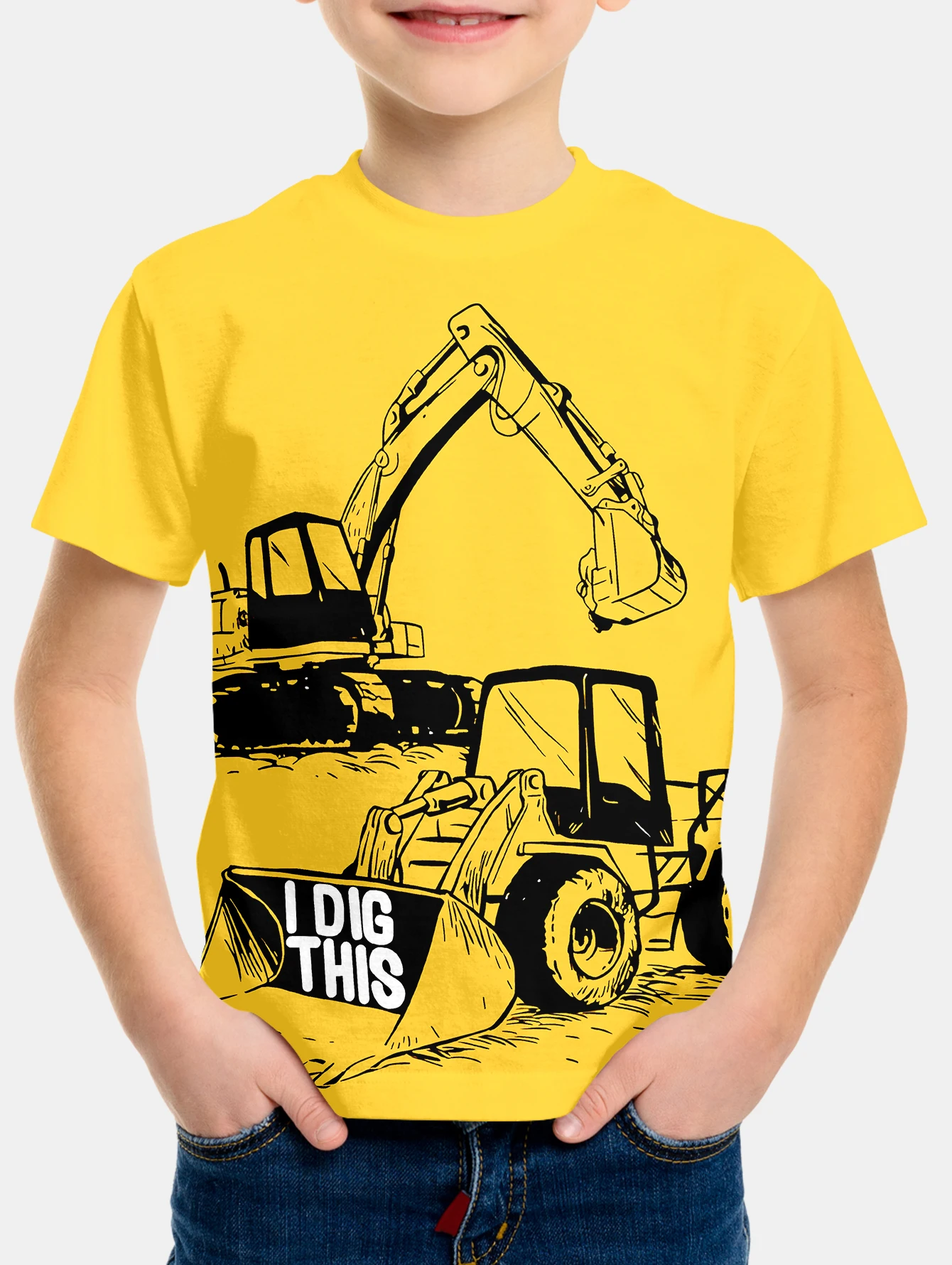 Boys' Black and white excavator summer round neck short sleeved T-shirt, casual lightweight and comfortable top, 3D printed
Boys' Black and white excavator summer round neck short sleeved T-shirt, casual lightweight and comfortable top, 3D printed