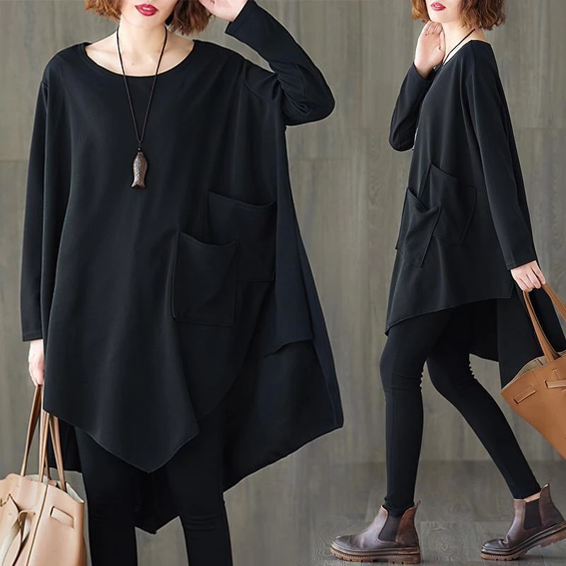 Spring Autumn Women's Casual Oversized Asymmetrical Pullover Tunic Tops Black O Neck Long Sleeve Cotton T-shirts Female Clothing
Spring Autumn Women's Casual Oversized Asymmetrical Pullover Tunic Tops Black O Neck Long Sleeve Cotton T-shirts Female Clothing