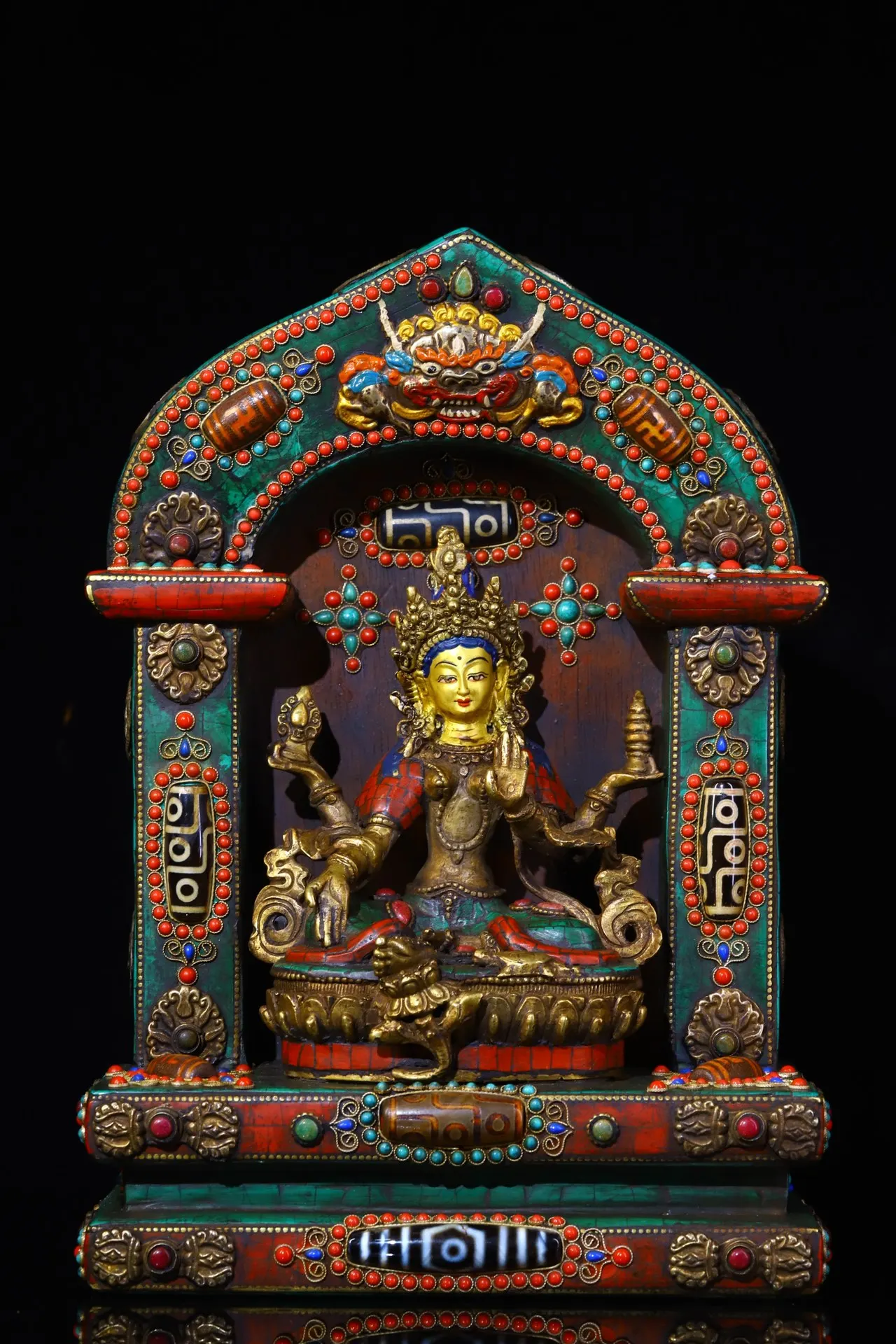 12"Tibetan Temple Collection Old Bronze Mosaic Gem gZi Bead Turquoise Four armed Guanyin Buddha Buddhist Niche Worship Hall
12"Tibetan Temple Collection Old Bronze Mosaic Gem gZi Bead Turquoise Four armed Guanyin Buddha Buddhist Niche Worship Hall