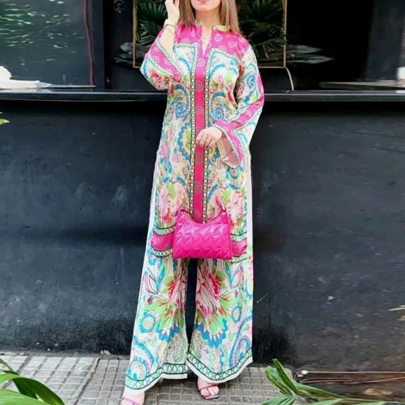 Harajuku Retro Floral Print Ethnic Outfits Spring Sexy Floral Print Long Top Pullover Wide Leg Pant Suit Fashion Loose Women Set
Harajuku Retro Floral Print Ethnic Outfits Spring Sexy Floral Print Long Top Pullover Wide Leg Pant Suit Fashion Loose Women Set