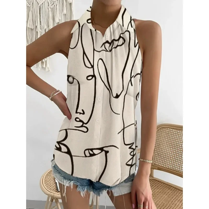 Women's S-2XL size Summer Commuter Shirt Fashion Off The Shoulder Sleeveless Abstract Printed Shirt Flip Collar Button Casual
Women's S-2XL size Summer Commuter Shirt Fashion Off The Shoulder Sleeveless Abstract Printed Shirt Flip Collar Button Casual