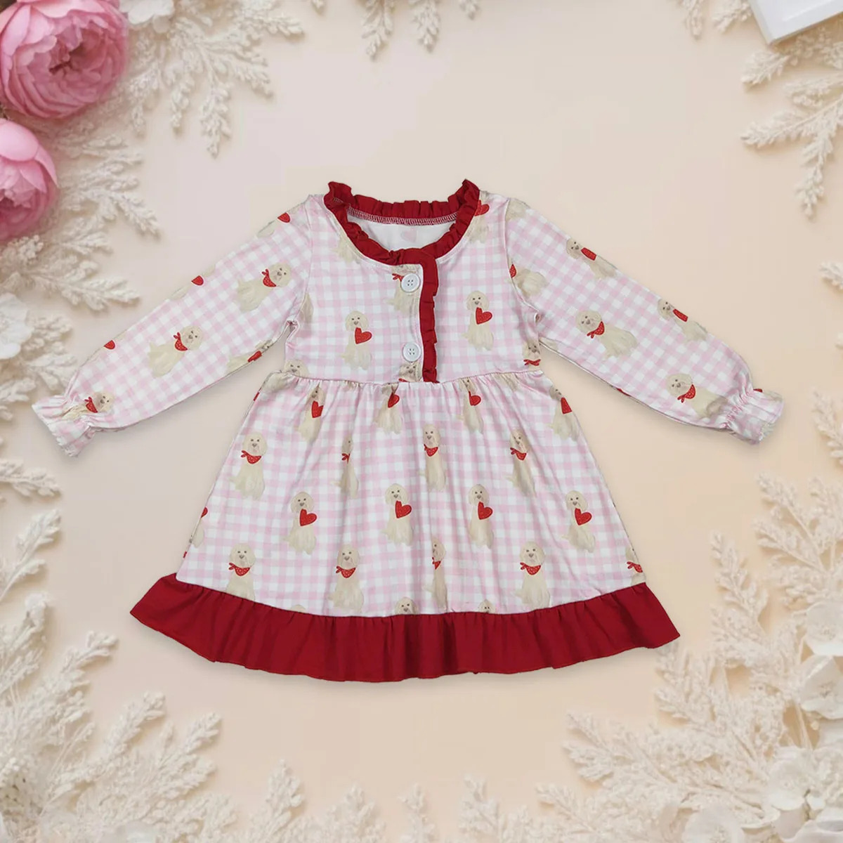 Toddler Valentine Long Sleeves Dogs Hearts Button Baby Girl Dress Knee Length Infant One Piece Kids Children Clothing Wholesale
Toddler Valentine Long Sleeves Dogs Hearts Button Baby Girl Dress Knee Length Infant One Piece Kids Children Clothing Wholesale