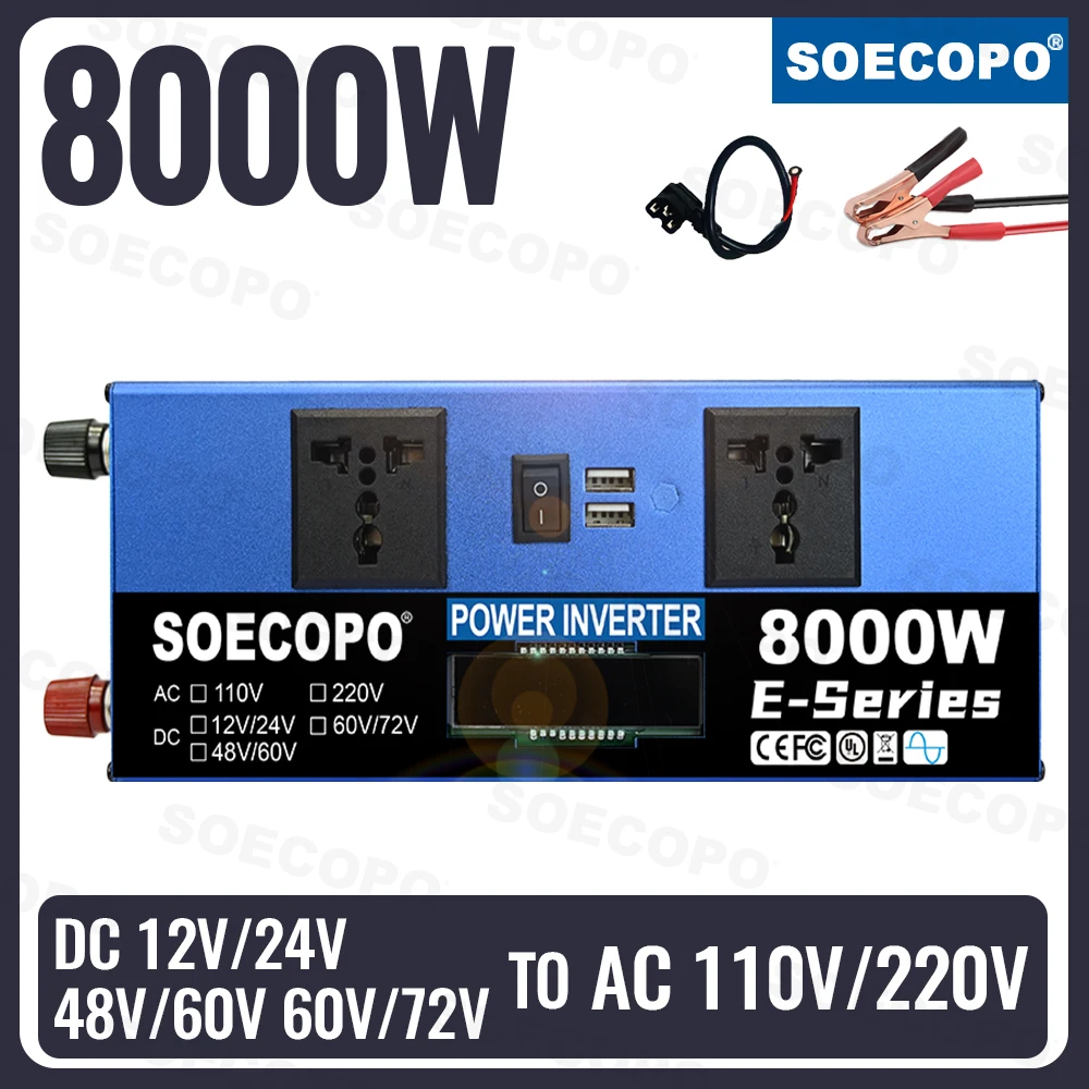 SOECOPO 8000W Dual Voltage Input Car Inverter DC 12V/24V to AC 110/220V 2 USB Ports 2 Sockets Car Voltage Converter Camping RV
SOECOPO 8000W Dual Voltage Input Car Inverter DC 12V/24V to AC 110/220V 2 USB Ports 2 Sockets Car Voltage Converter Camping RV