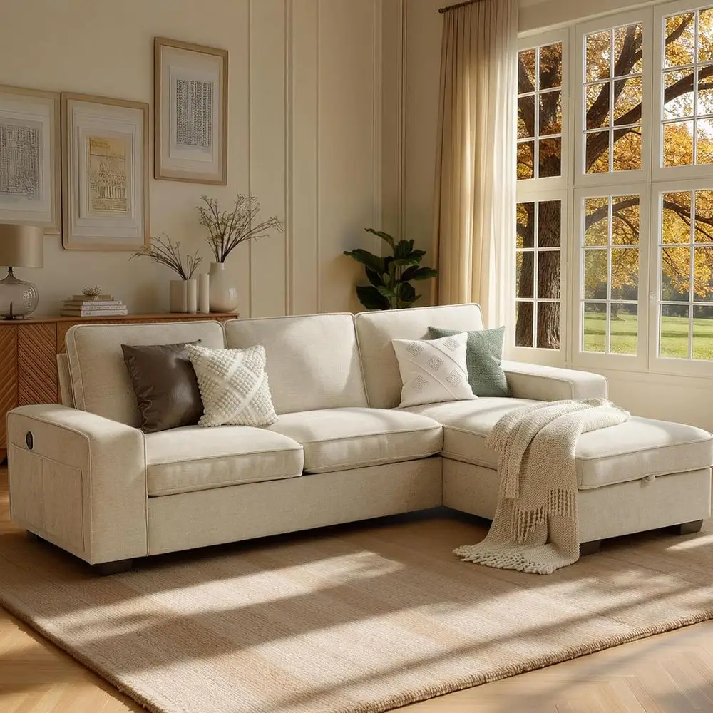 L-Shaped Chenille 3-Seater Sofa with Chaise, Storage, Deep Seat, Wide Armrests, USB Charging, Removable Covers, Beige
L-Shaped Chenille 3-Seater Sofa with Chaise, Storage, Deep Seat, Wide Armrests, USB Charging, Removable Covers, Beige
