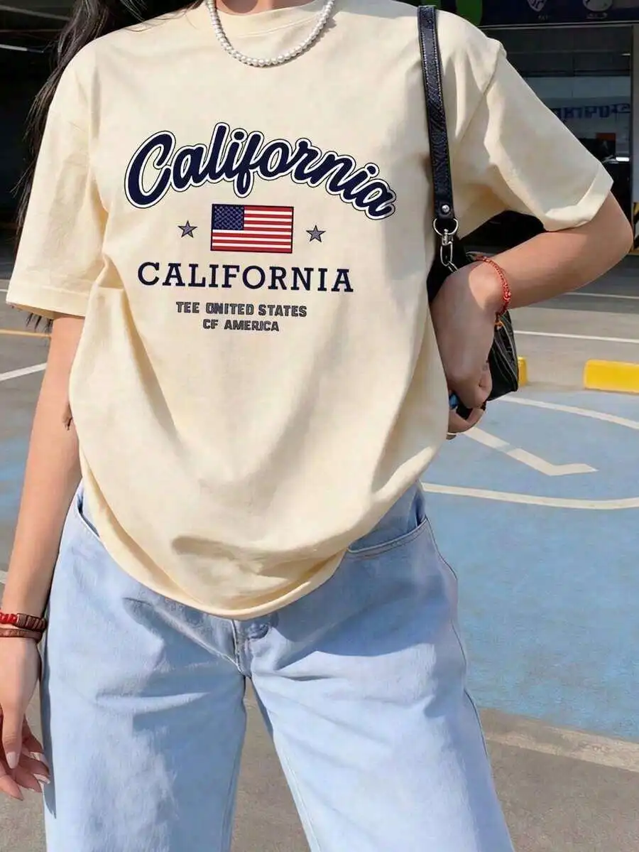 California Slogan Print Loose Fit Round Neck Short Sleeve T-Shirt Women Summer Casual Top
California Slogan Print Loose Fit Round Neck Short Sleeve T-Shirt Women Summer Casual Top