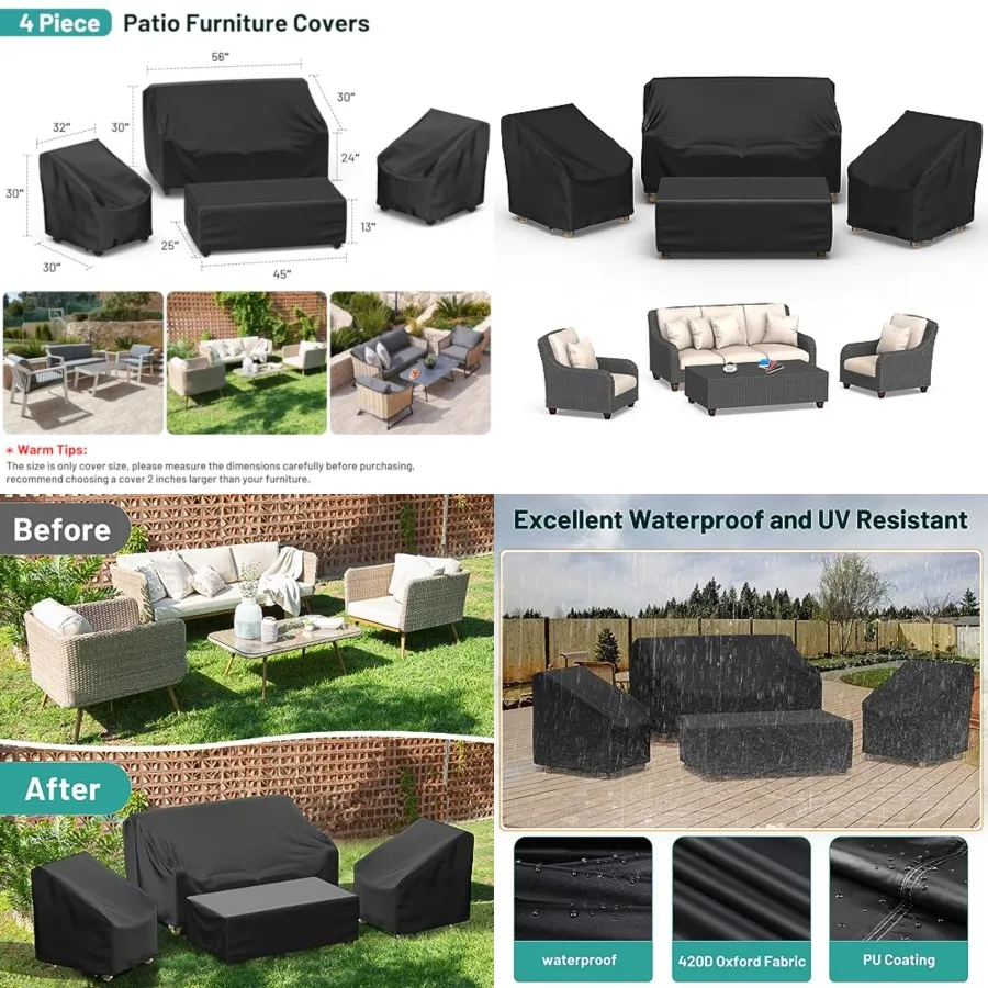 Patio Furniture Covers, 4 Pcs Outdoor Furniture Cover Waterproof includ Ourdoor Sofa Cover, 2 Chair Covers, Coffee Table Cover
Patio Furniture Covers, 4 Pcs Outdoor Furniture Cover Waterproof includ Ourdoor Sofa Cover, 2 Chair Covers, Coffee Table Cover