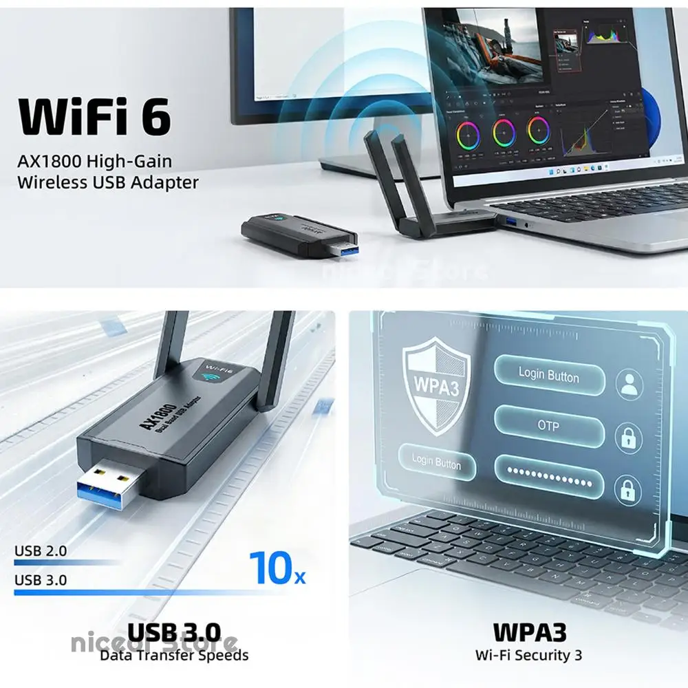 USB3.0 Wifi6 1800Mbps Network Dongle Wireless Dongle Receiver Dual-Band 2.4G/5GHz for Desktop PC Laptop Gaming Office
USB3.0 Wifi6 1800Mbps Network Dongle Wireless Dongle Receiver Dual-Band 2.4G/5GHz for Desktop PC Laptop Gaming Office