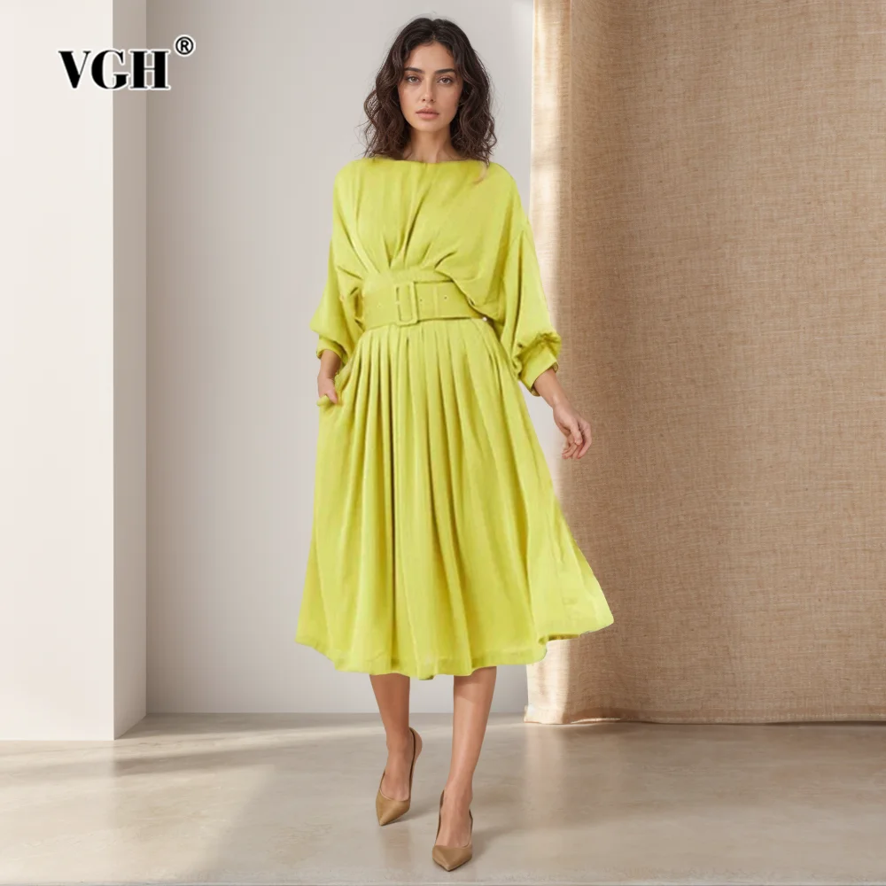 VGH Patchwork Belt Elegant Dresses For Women Round Neck Lantern Sleeve High Waist Spliced Zipper Minimalist Dress Female Style
VGH Patchwork Belt Elegant Dresses For Women Round Neck Lantern Sleeve High Waist Spliced Zipper Minimalist Dress Female Style