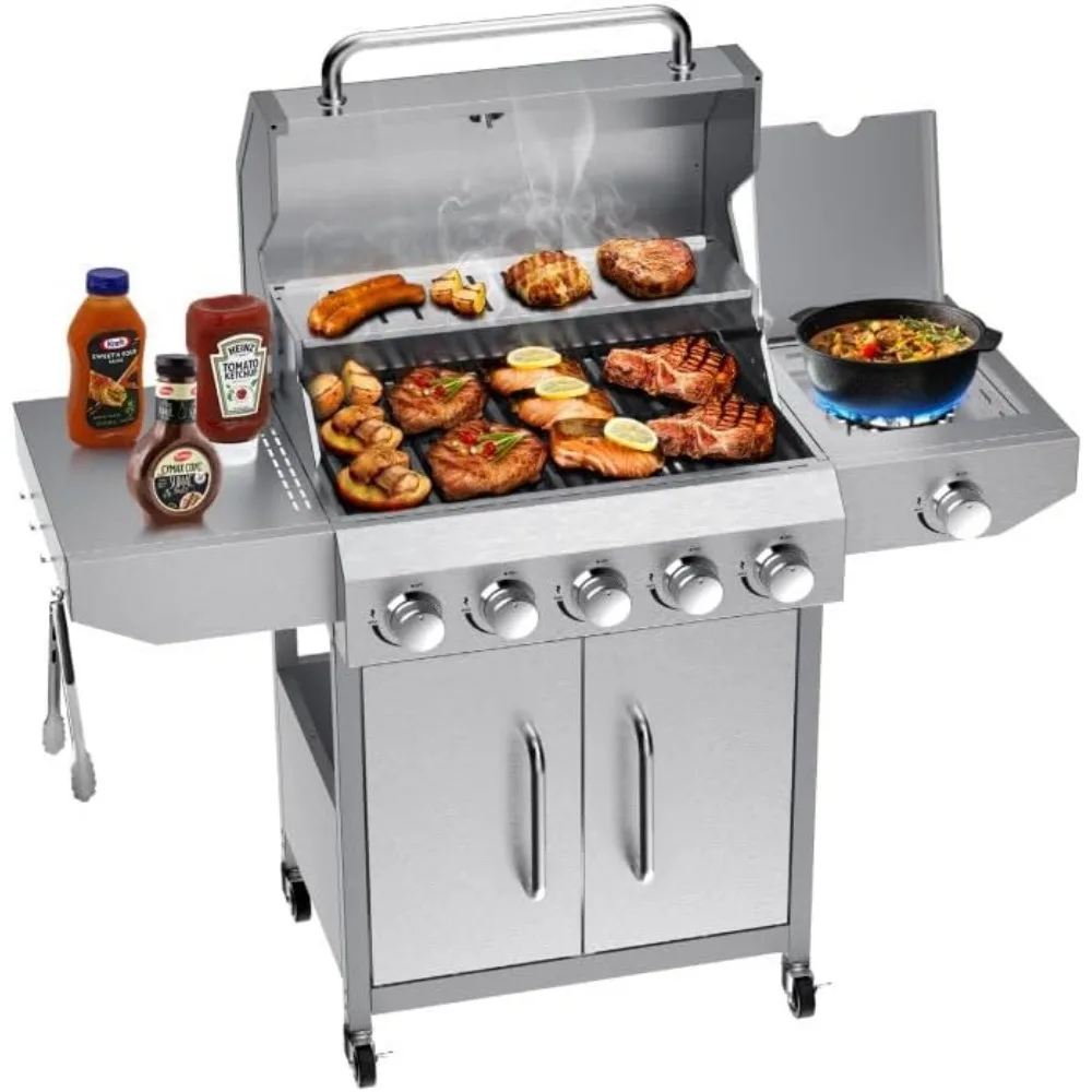 68,000 BTU 5 Burner Propane Gas Grill - 647 sq in Cooking Space - Porcelain Cast Iron Grates - Patio Cart
68,000 BTU 5 Burner Propane Gas Grill - 647 sq in Cooking Space - Porcelain Cast Iron Grates - Patio Cart