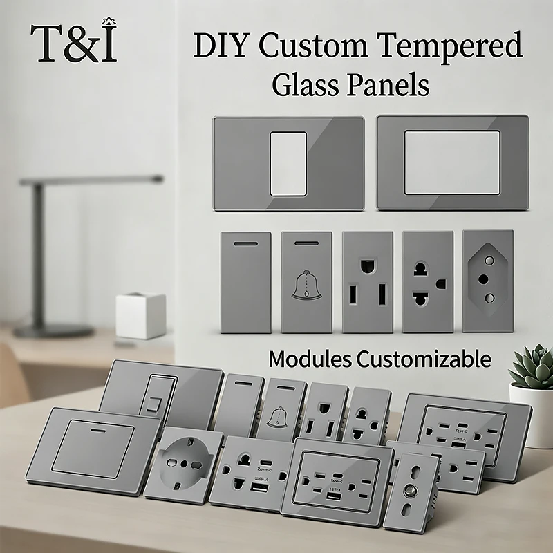 T&I Combination with US/EU/Italy/Chile Socket Modules and NEMA5-15R Duplex Outlet 2x4 inch Tempered Glass DIY Modular Wall Plate
T&I Combination with US/EU/Italy/Chile Socket Modules and NEMA5-15R Duplex Outlet 2x4 inch Tempered Glass DIY Modular Wall Plate