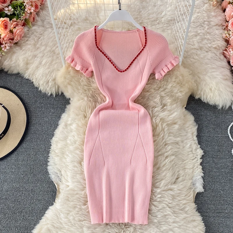 Fashion Women Body-Con Dresses Solid Color High Waist V-Neck Raglan Sleeve Female Knitted Dress Korean Slim Ladies Clothes
Fashion Women Body-Con Dresses Solid Color High Waist V-Neck Raglan Sleeve Female Knitted Dress Korean Slim Ladies Clothes