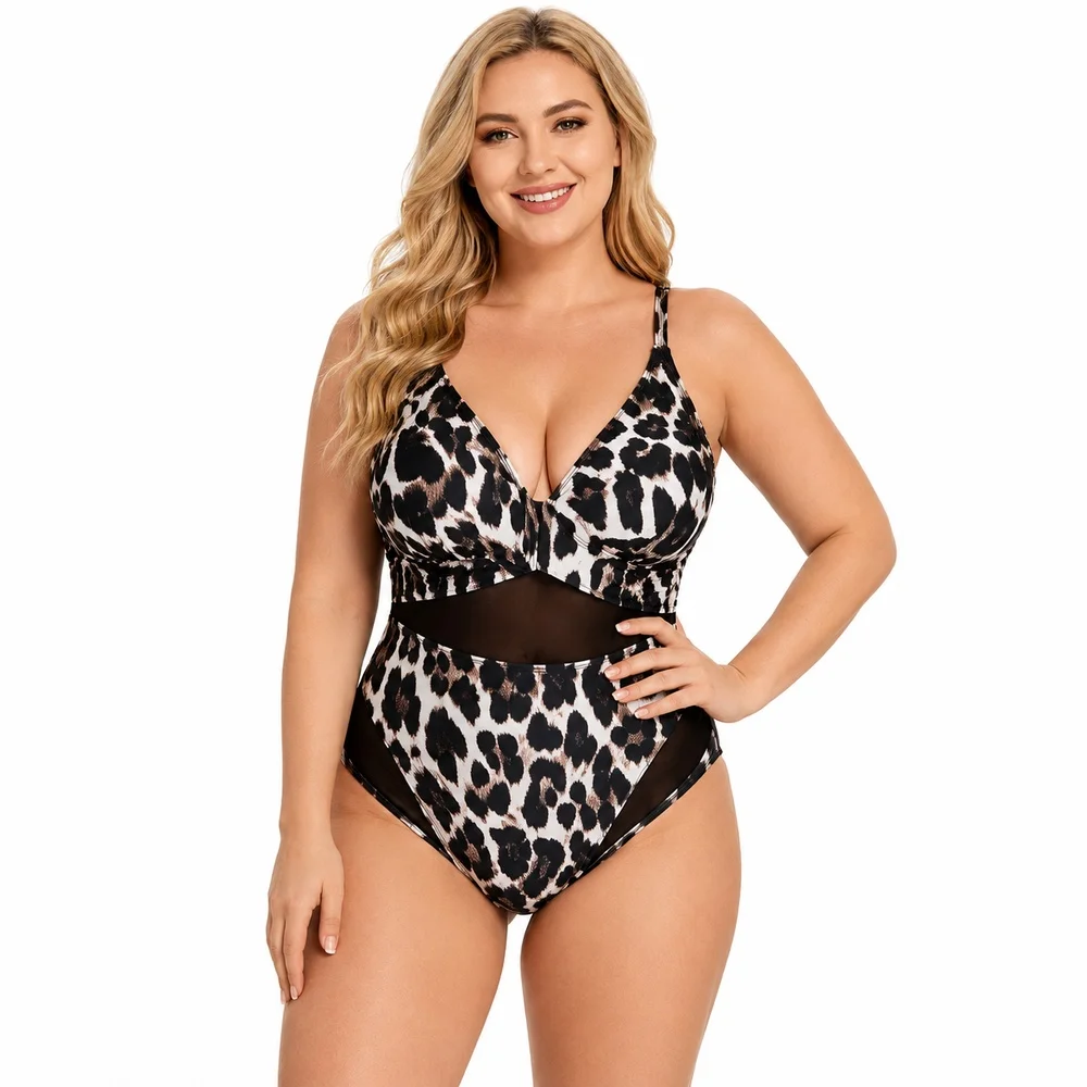 Plus Size Leopard Print One Piece Swimsuit Women V Neck Mesh Waist Swimwear with Removable Pads for Beach Pool Vacation Wear
Plus Size Leopard Print One Piece Swimsuit Women V Neck Mesh Waist Swimwear with Removable Pads for Beach Pool Vacation Wear