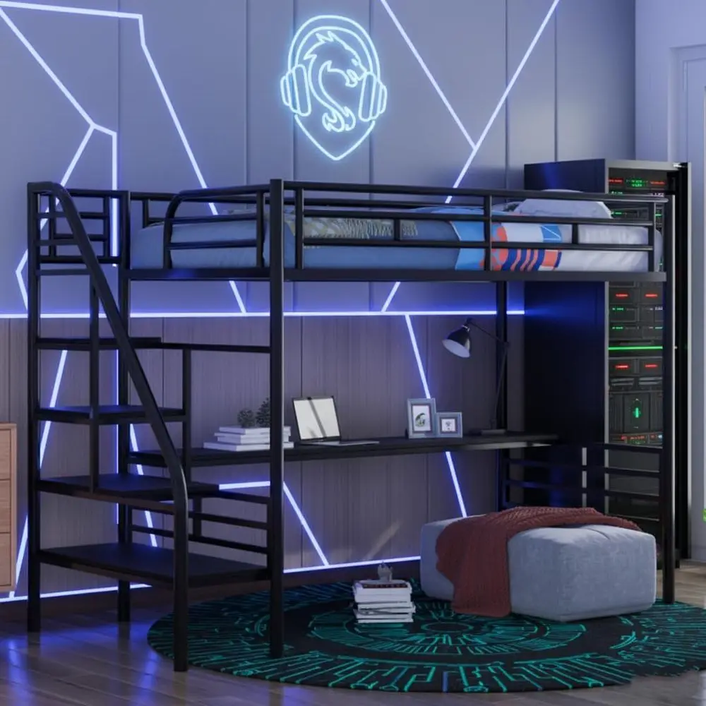 Twin Size Metal Bed with Stairs, Heavy Duty, Desk Included, Quiet, No Box Spring Needed, Black
Twin Size Metal Bed with Stairs, Heavy Duty, Desk Included, Quiet, No Box Spring Needed, Black