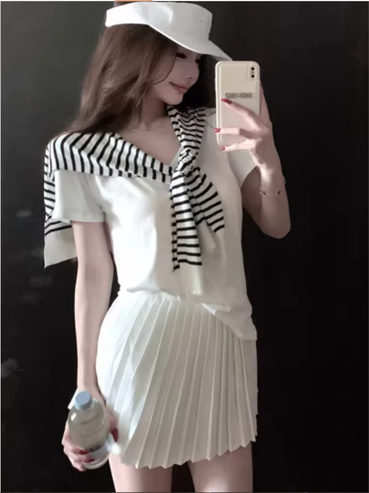 Summer Fashion Sporting White 2 Piece Sets Short Sleeve T Shirt&Striped Knitted Shawl&Pleated Mini Skirt Casual 3 Pieces Suits
Summer Fashion Sporting White 2 Piece Sets Short Sleeve T Shirt&Striped Knitted Shawl&Pleated Mini Skirt Casual 3 Pieces Suits