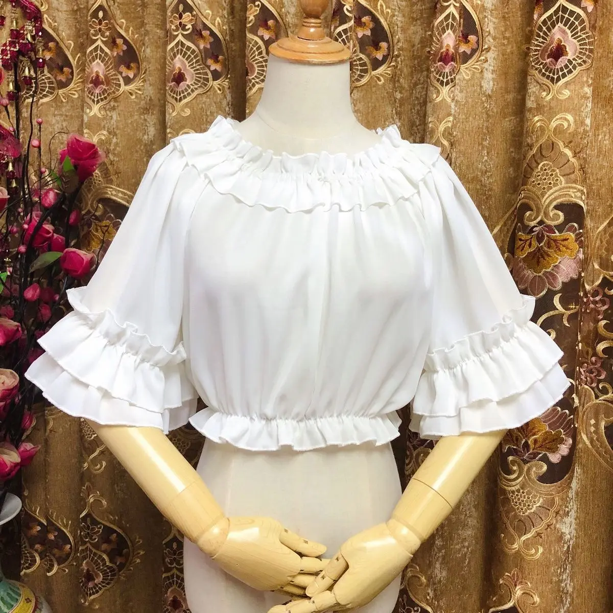 2024 Summer Lolita Sweet and Fresh Minimalist Solid Color Half Sleeve Blouse Folds Ruffles One Line Neck Women's T-shirt Top
2024 Summer Lolita Sweet and Fresh Minimalist Solid Color Half Sleeve Blouse Folds Ruffles One Line Neck Women's T-shirt Top