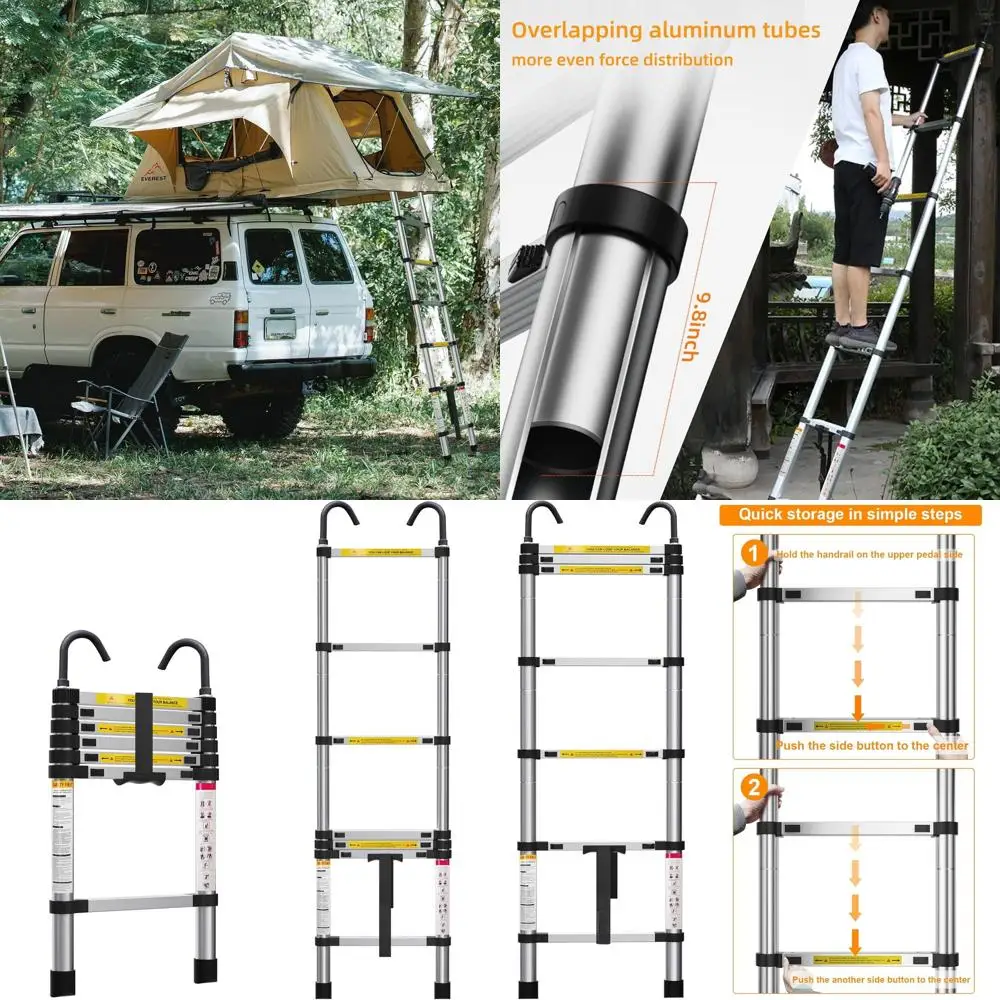 Collapsible Aluminum Telescoping Ladder, Lightweight and Portable, Hook Included, 330 lbs Capacity for Home, RV, and Attic Use
Collapsible Aluminum Telescoping Ladder, Lightweight and Portable, Hook Included, 330 lbs Capacity for Home, RV, and Attic Use