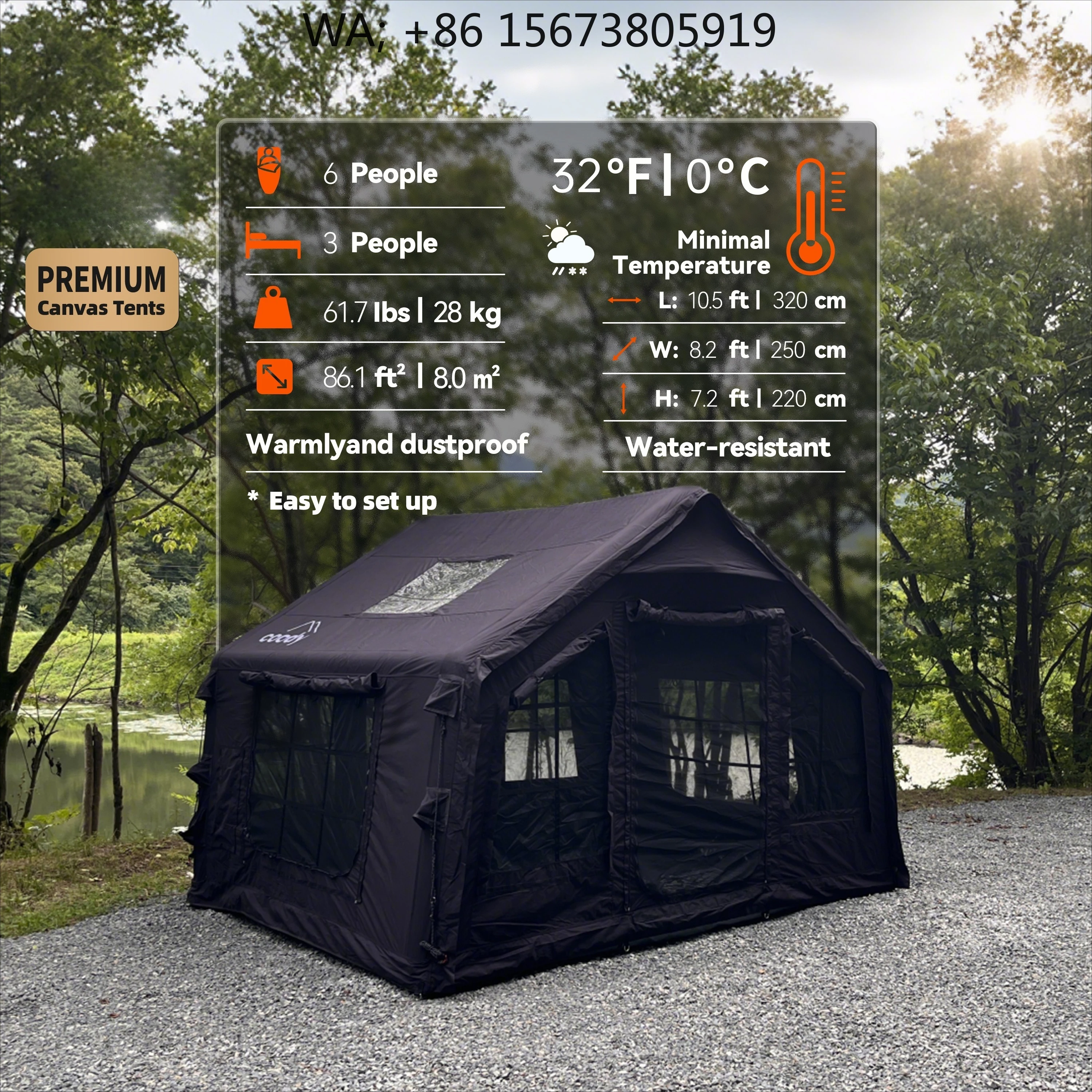 8.0㎡ Four Season Inflatable Air Tent, Portable Black Family Waterproof Outdoor Glamping Camping Shelter
8.0㎡ Four Season Inflatable Air Tent, Portable Black Family Waterproof Outdoor Glamping Camping Shelter