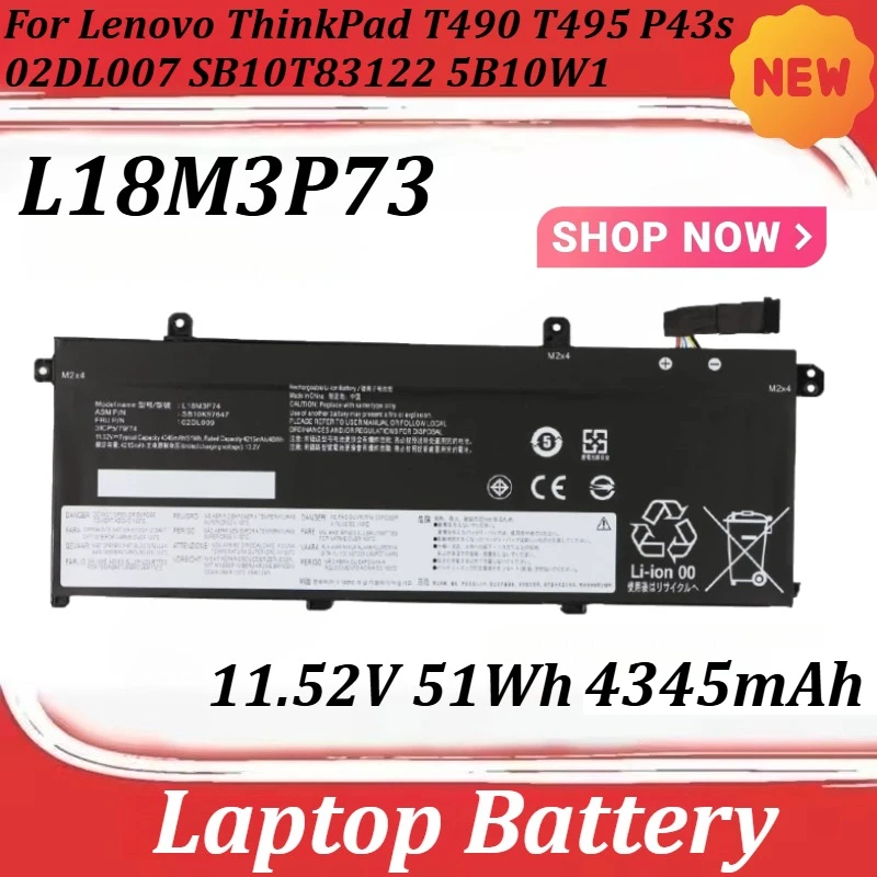 Аккумулятор 11.52V 51Wh 4345mAh L18M3P73 для Lenovo ThinkPad T490 T495 P43s 02DL007 SB10T83122 5B10W1 L18L3P73 L18C3P72 L18M3P72
Аккумулятор 11.52V 51Wh 4345mAh L18M3P73 для Lenovo ThinkPad T490 T495 P43s 02DL007 SB10T83122 5B10W1 L18L3P73 L18C3P72 L18M3P72