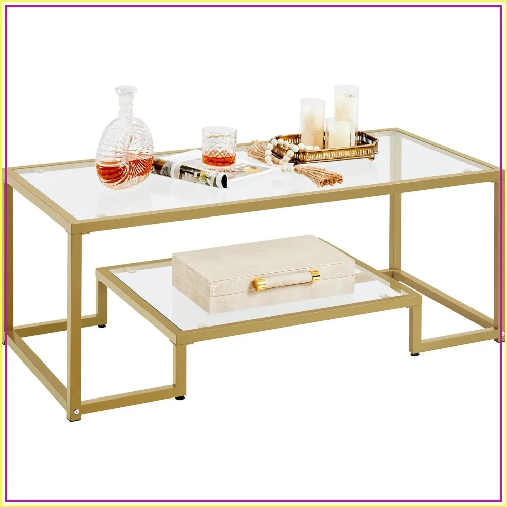 Gold Rectangular Glass Coffee Table, 42" 2-Tier Living Room Table with Storage Shelf, Metal Frame, for Small Space, Apartment, Office
Gold Rectangular Glass Coffee Table, 42" 2-Tier Living Room Table with Storage Shelf, Metal Frame, for Small Space, Apartment, Office