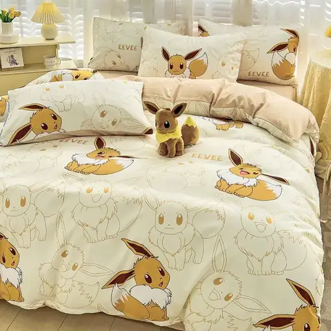 Pokemon Serie Eevee Drache Baumwolle 4-teiliges Set, Kinder Cartoon 3-teiliges Set Kissen bezug Bett bezug