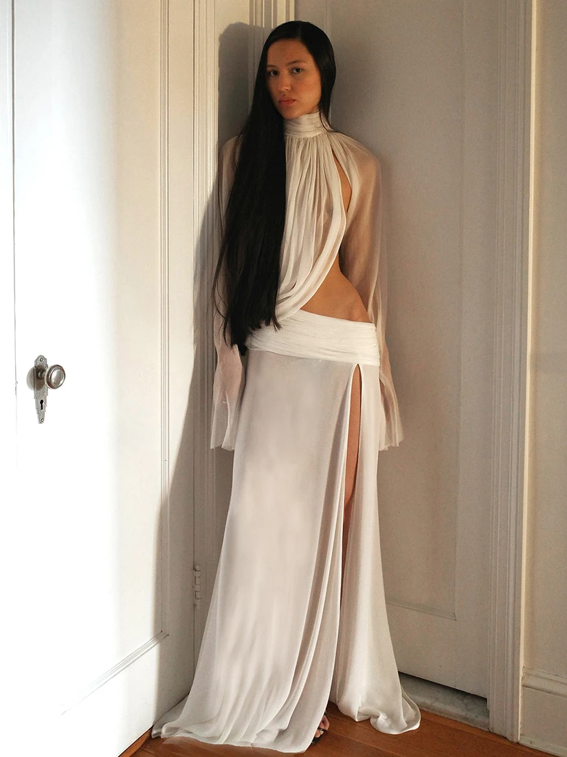 Sisjuly Sexy Venus Mesh See-through Long Sleeve Top High Slit Long Skirt Set Women's Asymmetrical Design Breathable Polyester
Sisjuly Sexy Venus Mesh See-through Long Sleeve Top High Slit Long Skirt Set Women's Asymmetrical Design Breathable Polyester