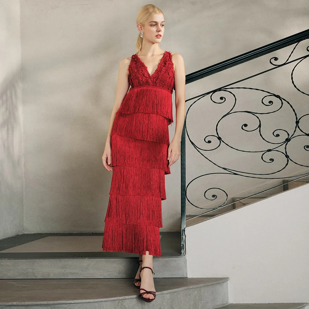 Red V-Neck Fringed Long Dress Wrap Style Ceremony Dress Fashionable Elegant Draped Design for Party And Celebration
Red V-Neck Fringed Long Dress Wrap Style Ceremony Dress Fashionable Elegant Draped Design for Party And Celebration