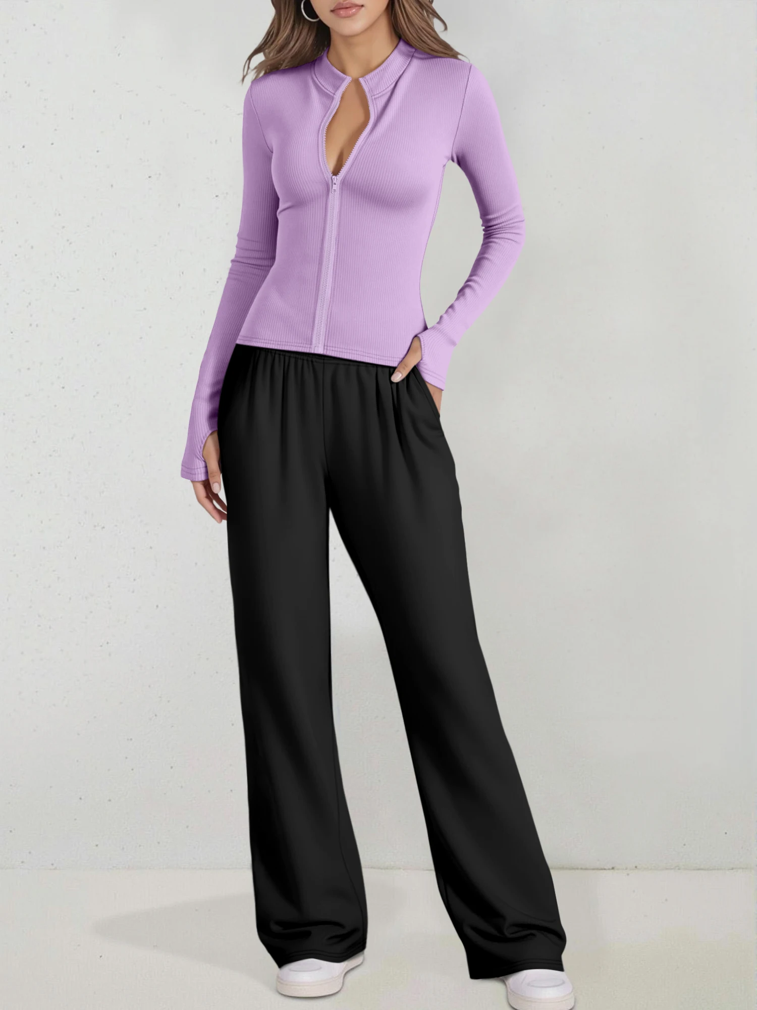 2026 New Arrival Women Ribbed 2 Piece Set Zip Up Long Sleeve Crop Top & Elastic Waist Wide Leg Pants Casual Jogger Suit
2026 New Arrival Women Ribbed 2 Piece Set Zip Up Long Sleeve Crop Top & Elastic Waist Wide Leg Pants Casual Jogger Suit