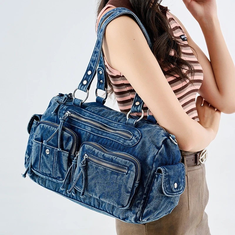 New Korean Retro Washed Denim Multi-Pocket Tote Bag Сумка Женская Y2K Chic Women's Crossbody Shoulder Purse
New Korean Retro Washed Denim Multi-Pocket Tote Bag Сумка Женская Y2K Chic Women's Crossbody Shoulder Purse