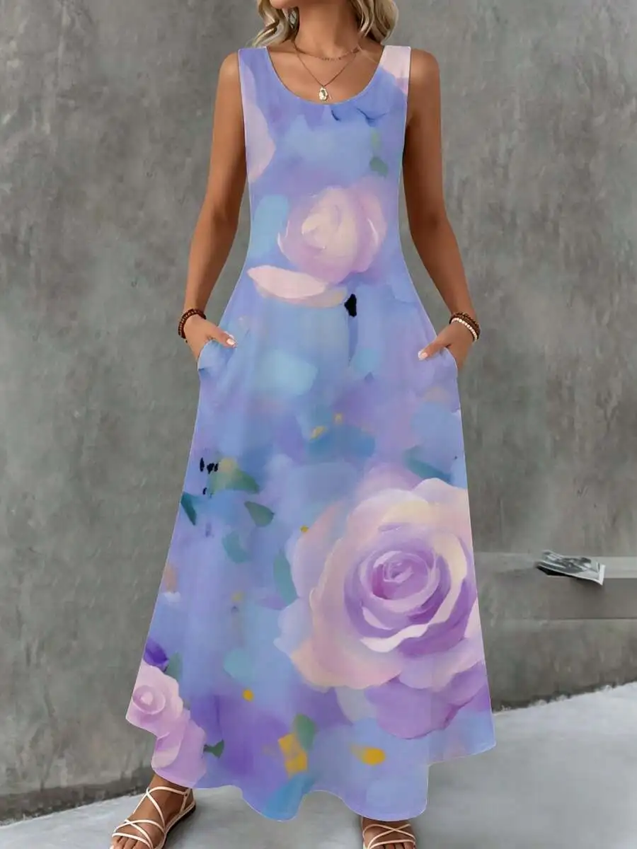 Sleeveless Maxi Dress Purple Blue Rose Floral Print Summer Beach Casual
Sleeveless Maxi Dress Purple Blue Rose Floral Print Summer Beach Casual