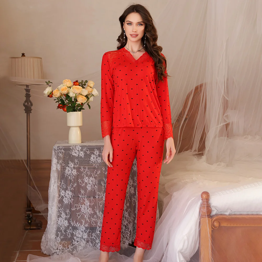 Women Red Heart Print Pajamas Set Lace Trim V Neck Long Sleeve 2 Pieces Loungewear Soft Ribbed Sleepwear for Women Homewear
Women Red Heart Print Pajamas Set Lace Trim V Neck Long Sleeve 2 Pieces Loungewear Soft Ribbed Sleepwear for Women Homewear
