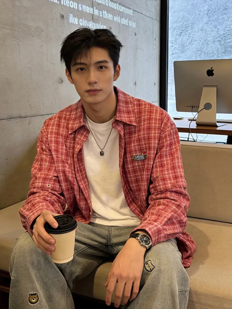 Detachable Long Sve ort Sve Men's irt Loose American Lazy Sle Red Plaid Hand Sve Design Coat Casual Faion
Detachable Long Sve ort Sve Men's irt Loose American Lazy Sle Red Plaid Hand Sve Design Coat Casual Faion