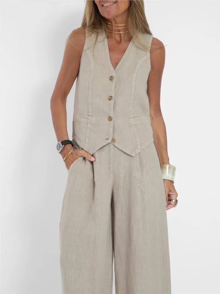 Women's Fashion Office Lady Work Two Piece Set Sleeveless V-neck Buttons Vest Top High Waist Wide Legs Outfits Casual Solid Sets
Women's Fashion Office Lady Work Two Piece Set Sleeveless V-neck Buttons Vest Top High Waist Wide Legs Outfits Casual Solid Sets