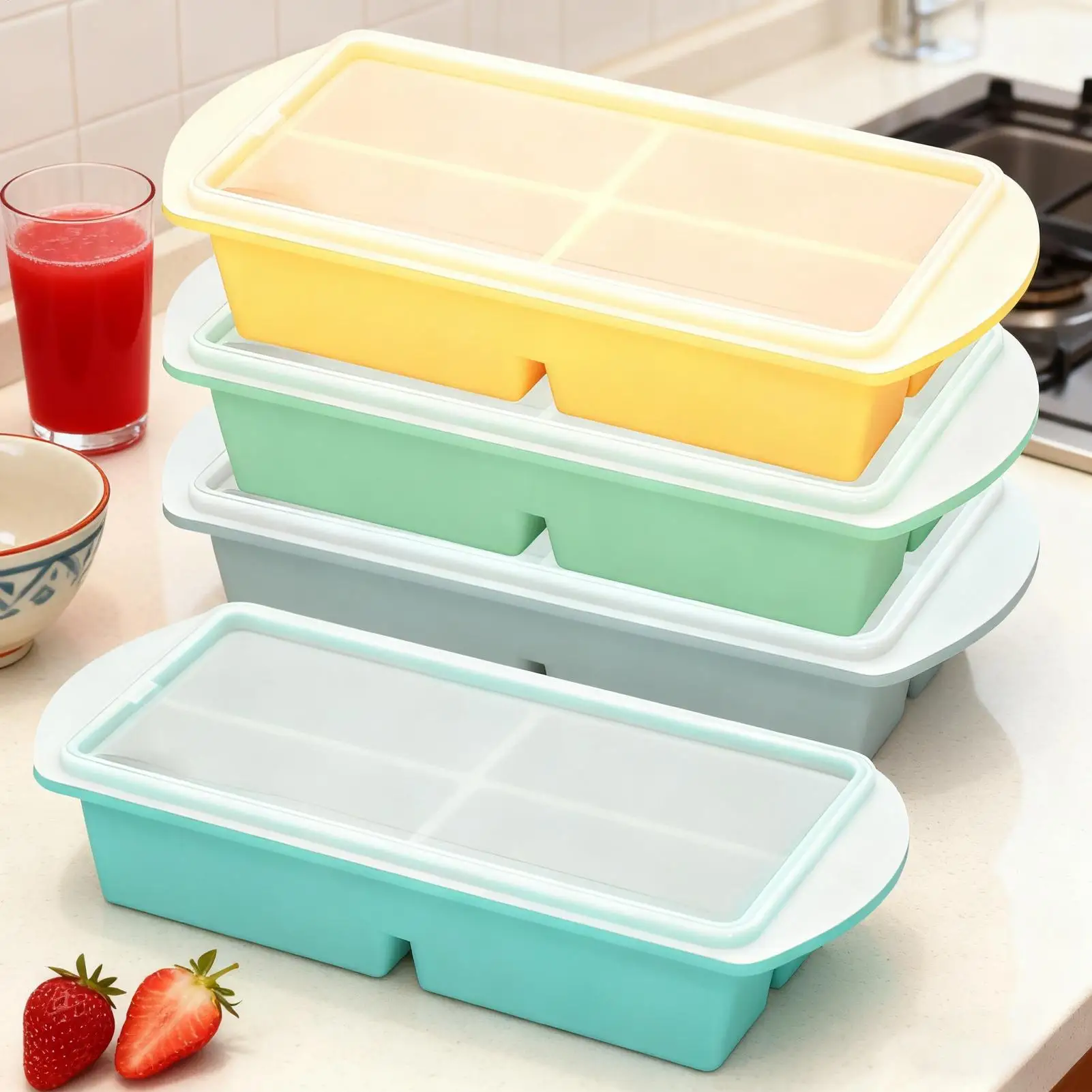 2pcs 4Grid Silicone Freezer Mold With Lid Refrigerated Food Storage Box Food Box Ice Tray Mold Ice Box Fresh-keeping Box
2pcs 4Grid Silicone Freezer Mold With Lid Refrigerated Food Storage Box Food Box Ice Tray Mold Ice Box Fresh-keeping Box