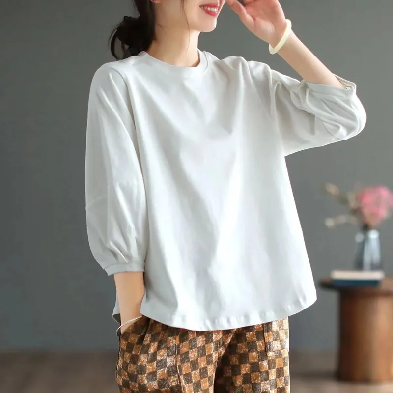 Spring and summer large-size women's clothing solid color casual versatile literary and retro seven-quarter sleeve T-shirt
Spring and summer large-size women's clothing solid color casual versatile literary and retro seven-quarter sleeve T-shirt