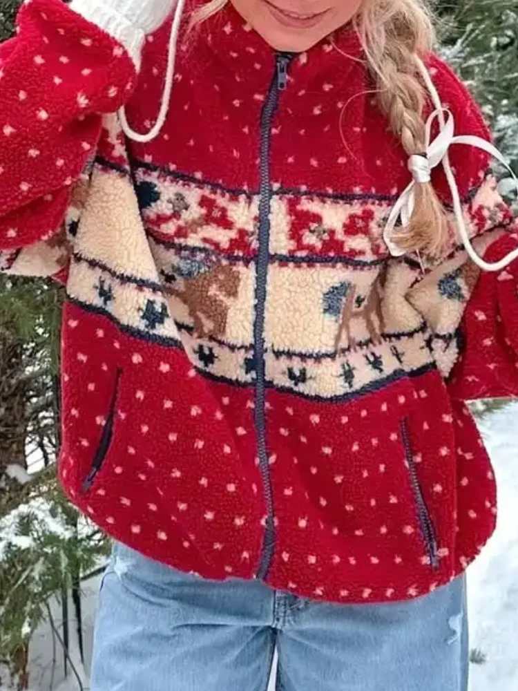 Casual Red Reindeer Print Jacket Women Chic Polka Dot Long Sleeve Fleece Zip-up Warm Coats 2026 Lady Winter Street Outwear New
Casual Red Reindeer Print Jacket Women Chic Polka Dot Long Sleeve Fleece Zip-up Warm Coats 2026 Lady Winter Street Outwear New