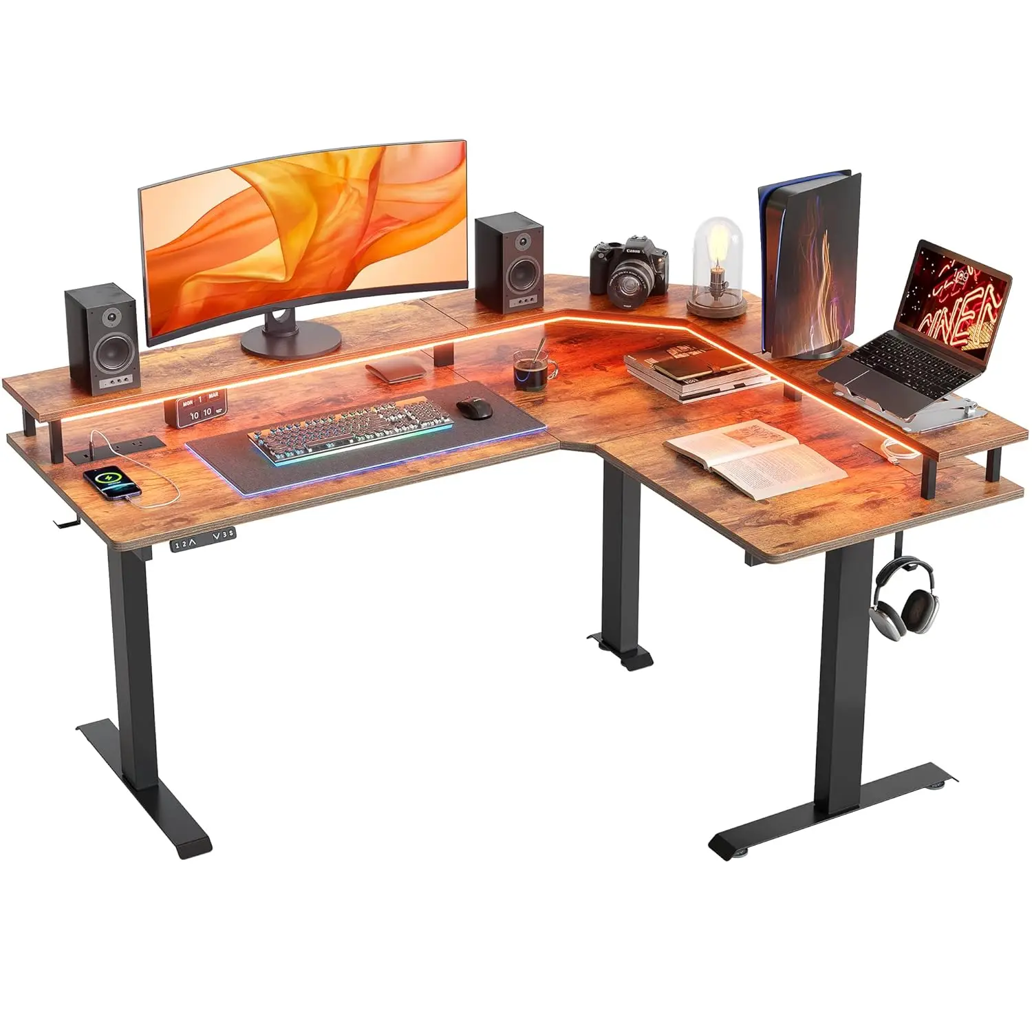 63" Triple Motor L-Shaped Height Adjustable Desk with LED & Outlets, Monitor Stand, Corner Gaming Workstation, Brown/Black
63" Triple Motor L-Shaped Height Adjustable Desk with LED & Outlets, Monitor Stand, Corner Gaming Workstation, Brown/Black
