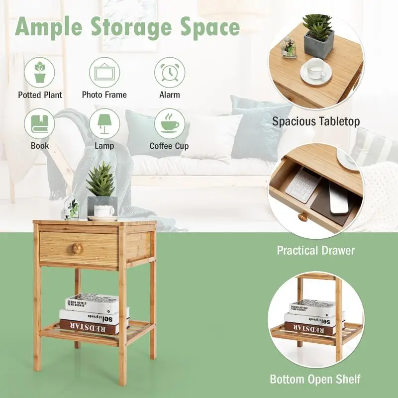 Bamboo Nightstand with Drawer and Open Shelf-Natural
Bamboo Nightstand with Drawer and Open Shelf-Natural