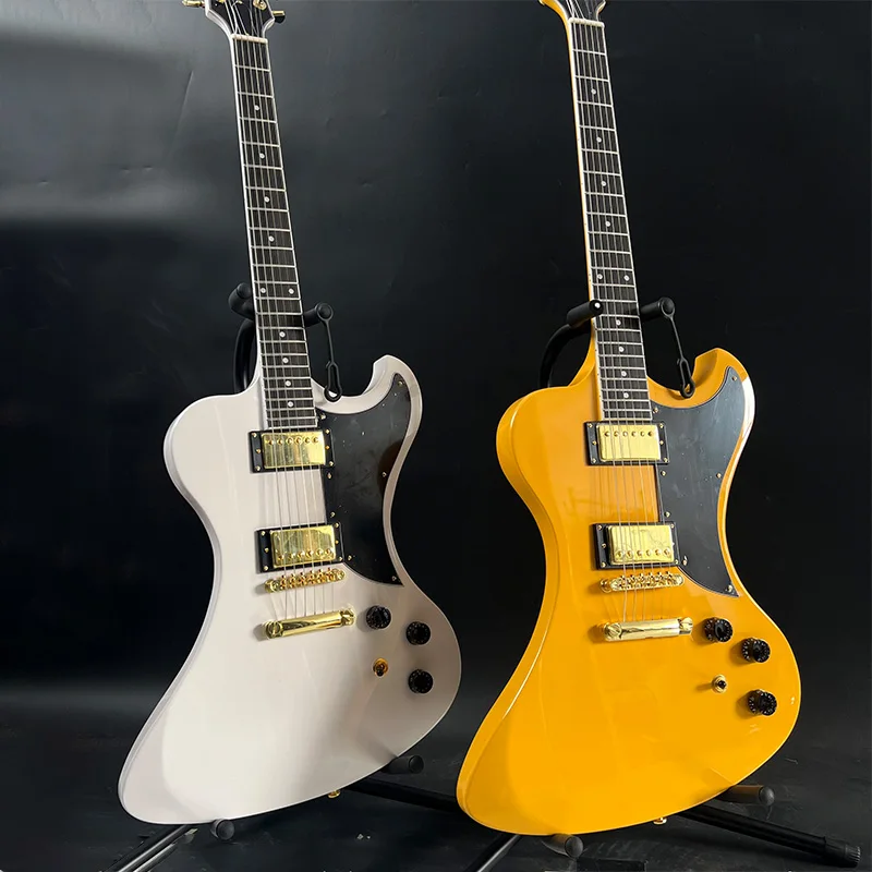 No brand, no logo, uniquely-shaped electric guitar, two color options: white / vintage yellow, glossy finish, gold hardware, dual pickups, classic unique-shaped body
No brand, no logo, uniquely-shaped electric guitar, two color options: white / vintage yellow, glossy finish, gold hardware, dual pickups, classic unique-shaped body
