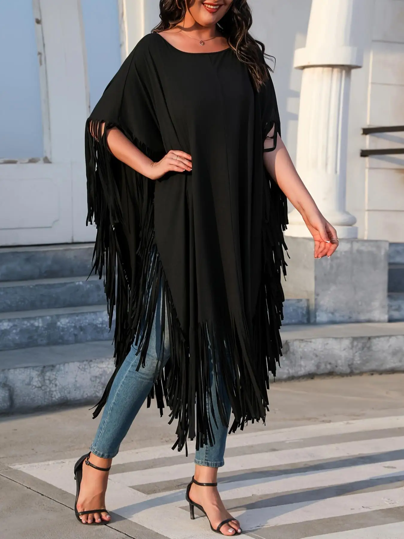 Plus Size Solid Tassel Batwing Sleeve Longline Tee, Fashion Casual Round Neck Half Sleeve T-shirt for Daily Outdoor Wear, Women
Plus Size Solid Tassel Batwing Sleeve Longline Tee, Fashion Casual Round Neck Half Sleeve T-shirt for Daily Outdoor Wear, Women
