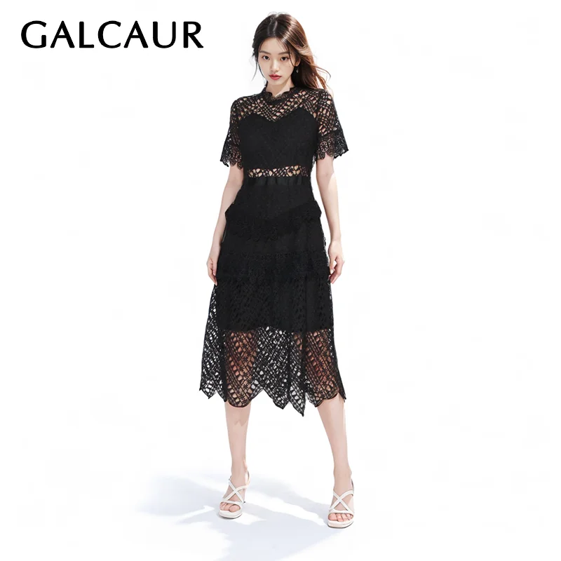 GALCAUR Black Spliced Lace Dresses For Women Stand Collar Short Sleeve High Waist Hollow Out Solid Slim A Line Dress Female New
GALCAUR Black Spliced Lace Dresses For Women Stand Collar Short Sleeve High Waist Hollow Out Solid Slim A Line Dress Female New