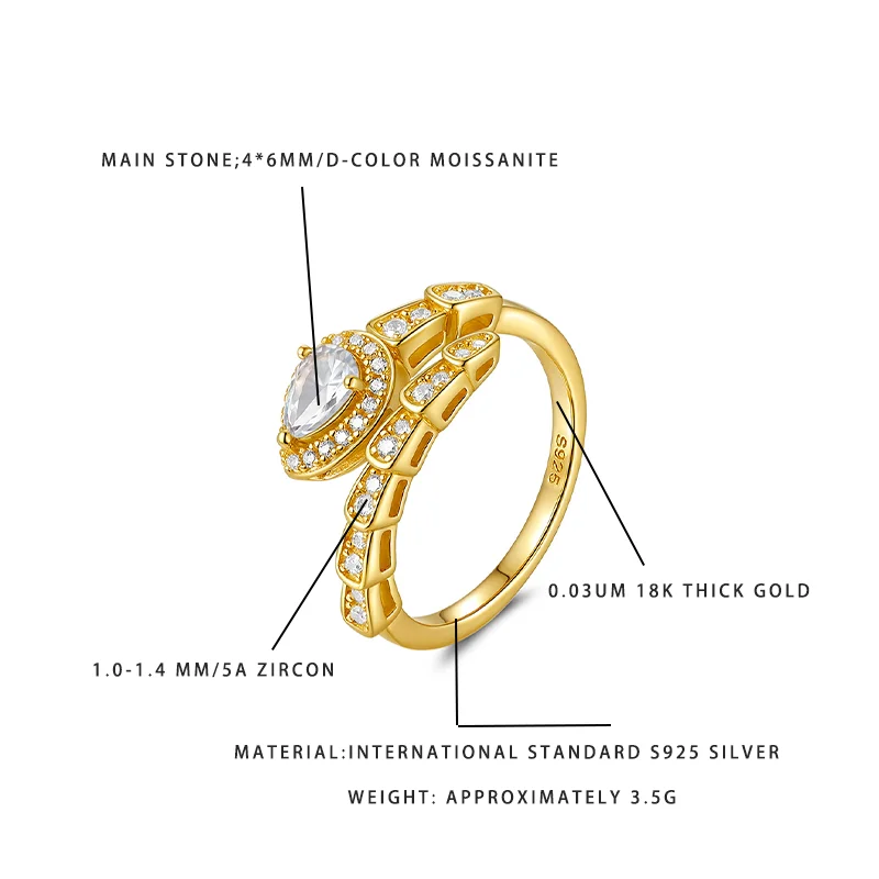 Women's Snake Design Moissanite Ring, 4*6MM D-Color Main Stone, 18K Thick Gold Plated S925 Silver Jewelry, Zircon Inlaid Party E
Women's Snake Design Moissanite Ring, 4*6MM D-Color Main Stone, 18K Thick Gold Plated S925 Silver Jewelry, Zircon Inlaid Party E