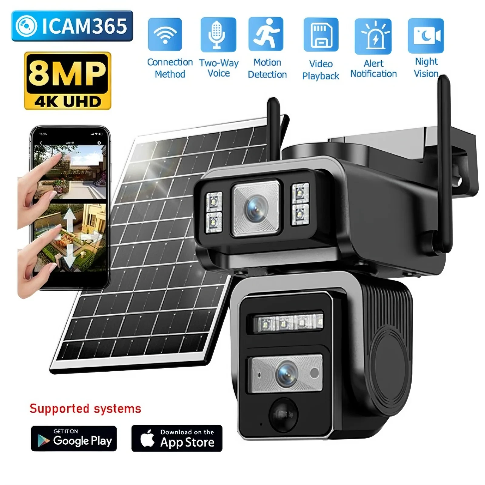 Wireless Wifi Solar Security Cameras 8MP 4K IP Camera Dual Lens CCTV Webcam Humanoid Detection Surveillance Outdoor Solar Lights
Wireless Wifi Solar Security Cameras 8MP 4K IP Camera Dual Lens CCTV Webcam Humanoid Detection Surveillance Outdoor Solar Lights