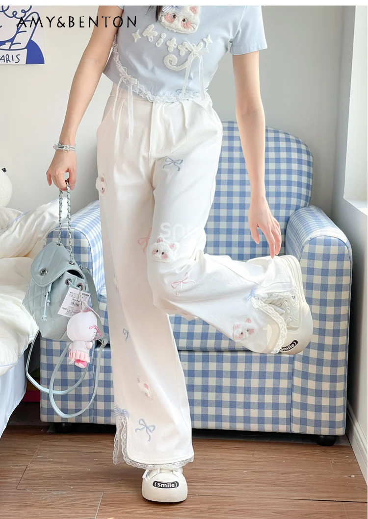 2025 Summer New White Cat Cartoon Printed High Waist Wide Leg Straight Casual Pants Petite Women Blue Lace T-Shirt
2025 Summer New White Cat Cartoon Printed High Waist Wide Leg Straight Casual Pants Petite Women Blue Lace T-Shirt